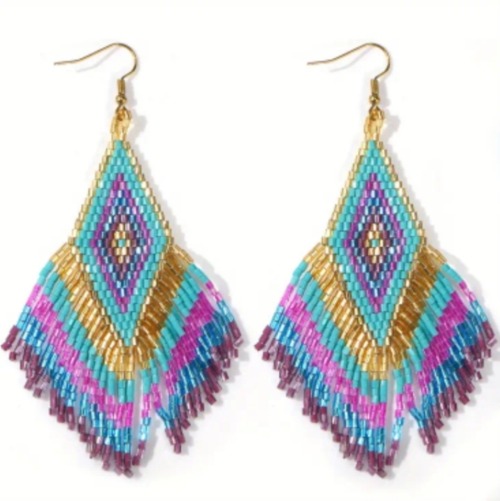 🆕️ Large Handcrafted Vibrant Geometric Beaded Earrings